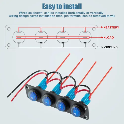 Vista 7 de Panel de interruptor marino impermeable, interruptor basculante de palanca de 4 bandas con punto redondo de 12 V CC iluminado 20 A 3 pines SPST