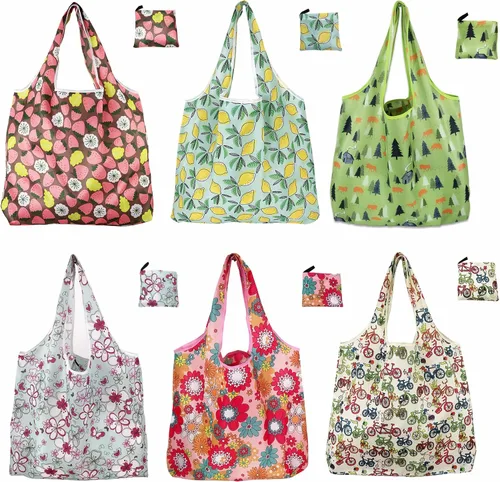 Vista 9 de Paquete de 6 bolsas de comestibles reutilizables resistentes con asas, bolsas de compras reutilizables para mujeres, plegables, lavables