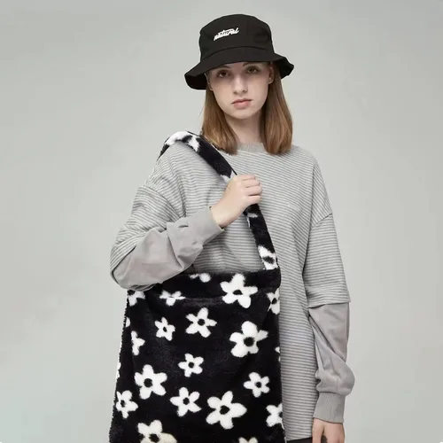 Vista 6 de Bolso de mano peludo y esponjoso, bolso grande y mullido, lindo bolso de felpa con cremallera para mujeres y niñas, bolso de hombro de piel