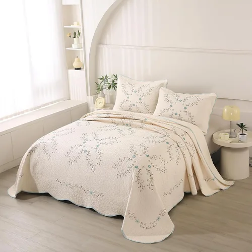 Vista 2 de vctops Elegante juego de edredón bordado floral, 100% algodón, reversible, acolchado, con borde festoneado, colcha suave y ligera con 2 fundas