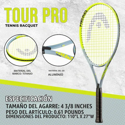 Vista 2 de HEAD Tour Pro - Raqueta de tenis, agarre de 4 3/8" Cuerda preencordada con intestino sintético 16G