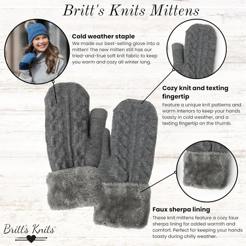 Vista 3 de Britt's Knits Classics - Gorro de punto con pompones (carbón) y guantes de invierno de punto ultrasuave (gris jaspeado)