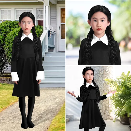 Vista 4 de Wigood Vestido de fiesta para niña de manga larga casual con cuello Peter Pan ajustado y acampanado con calcetines altos de 4 a 14 años Negro