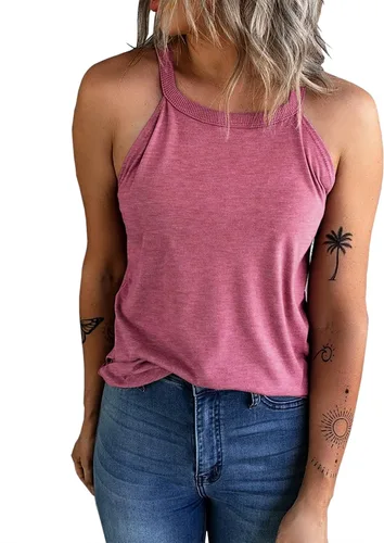 Vista 2 de KINLONSAIR - Camisetas de verano sin mangas con cuello redondo para mujer camisetas sin mangas para entrenamiento informales básicas cuello halter