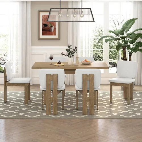 Vista 2 de Merax Juego de mesa de comedor de madera para 6, mesa rectangular/sillas tapizadas/diseño geométrico retro, ideal para comedor y cocina, natural