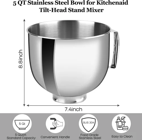 Vista 3 de Tazón de acero inoxidable compatible con mezclador Kitchenaid de 4.5/5 cuartos de galón, con tapa, cuenco inoxidable de 5 cuartos de galón
