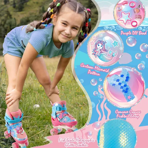 Vista 2 de Patines de Sirena para Niñas, MoSoulais 4 Tamaños Ajustables con Ruedas Iluminadas para Niños Pequeños, Patines para Mujeres Principiantes