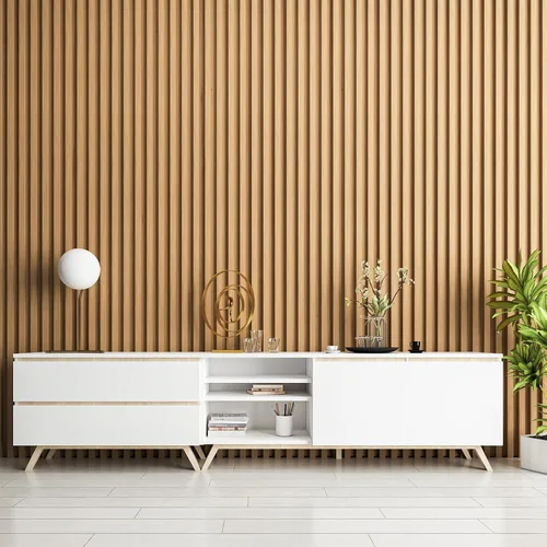 Vista 8 de Art3d Panel de pared de listones de madera de 4 piezas de 96"x5.7" para interior, techo y decoración, 15.2 pies cuadrados 4 piezas de madera natural