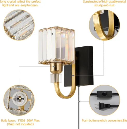 Vista 3 de Aplique de pared moderno de cristal con enchufe, lámpara de pared montada en negro dorado, lámpara de tocador enchufable con interruptor