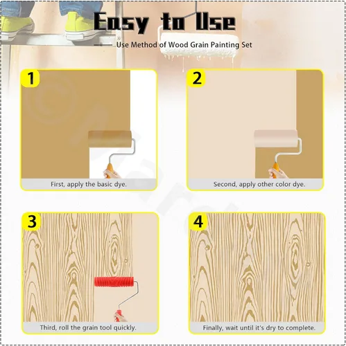 Vista 4 de Juego de herramientas de pintura de grano de madera MS16 MS21 goma Empaistic patrón de grano pintor de rodillos con asa, papel tapiz de arte