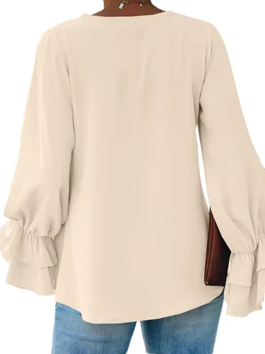 Vista 2 de LYANER Blusa casual de manga larga con cuello en V y volantes para mujer
