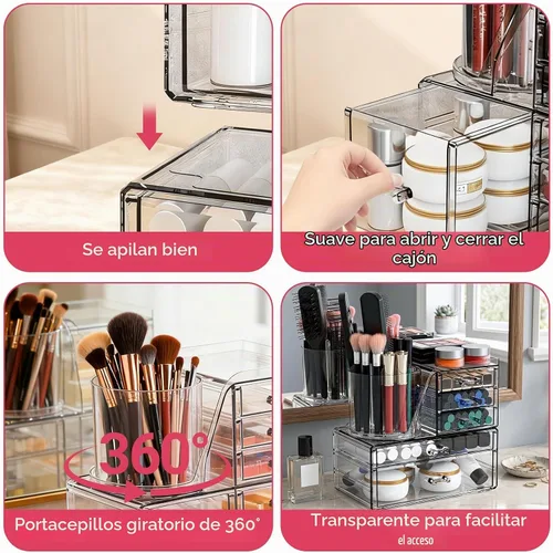 Vista 5 de ShineMe Organizador de maquillaje acrílico, organizador de cosméticos apilable de 2 niveles para tocador con soporte giratorio de 360° para brochas