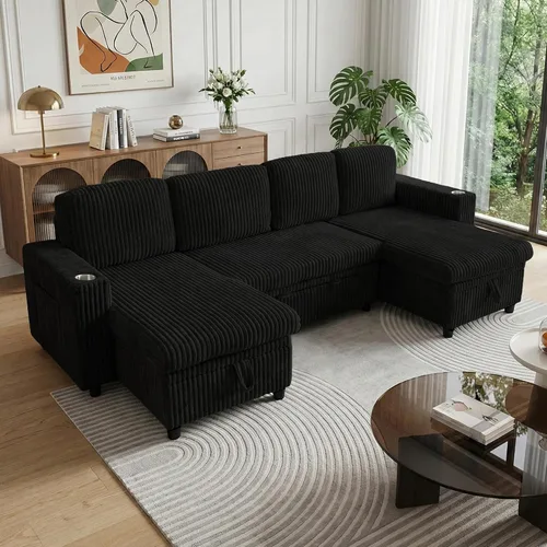 Vista 15 de Sofá cama modular de 103.5 pulgadas con cama extraíble, sofá de gran tamaño con almacenamiento, sofá modular para sala de estar, color beige Negro