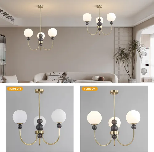 Vista 6 de BOKT Candelabros de cristal con forma de globo de mediados de siglo, moderna lámpara dorada para casa de campo, con barra ajustable, lámpara