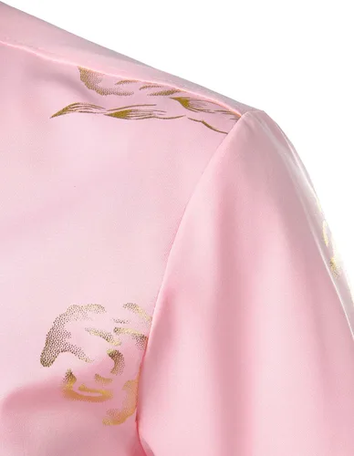 Vista 4 de ZEROYAA - Camisas de vestir de manga corta con estampado de rosa dorada para hombre, estilo hipster, calce ajustado, con botones