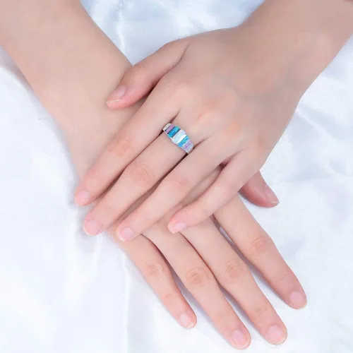 Vista 3 de CiNily Anillos de ópalo para mujer, diseño de ópalo de fuego blanco, azul, rosa, plata, anillo de piedras preciosas chapado en plata, talla 5-13