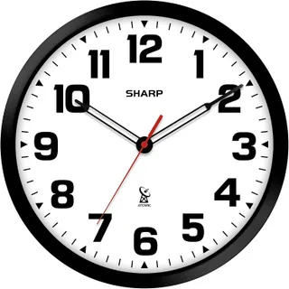 Sharp - Reloj de pared atómico de 12 pulgadas, funciona con pilas, color blanco con marco negro