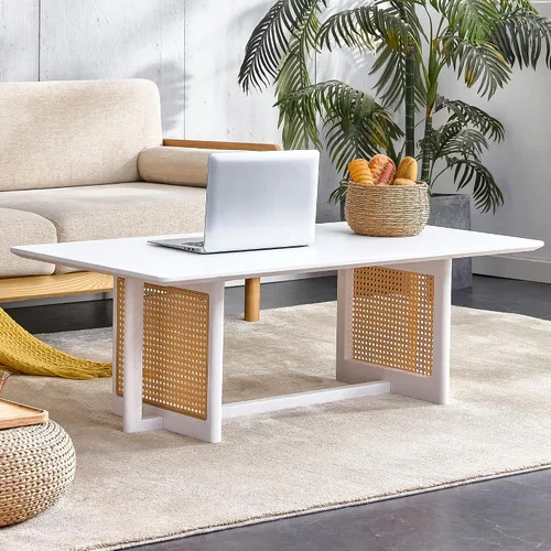 Vista 8 de Mesa de centro de madera de mediados de siglo con soporte de ratán de polietileno, mesa de café redonda de madera maciza de 33.45 pulgadas, mesa