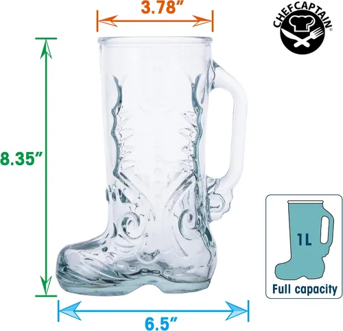 Vista 6 de Chefcaptain Juego de 2 tazas de vidrio para botas con asas, 1 litro (34 onzas), vasos de cerveza Das Boot, sin plomo, aptos para lavavajillas