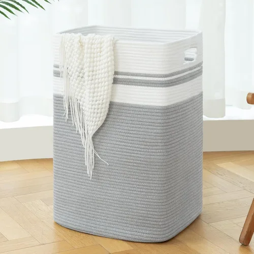 Vista 10 de OIAHOMY - Cesta de lavandería de 91L, cesta de lavandería XXXL, cesta plegable de cuerda de algodón, cesta de almacenamiento tejida para mantas Negro