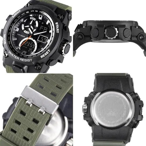 Vista 6 de Reloj analógico de cuarzo para hombre con doble pantalla y alarma digital con iluminación LED
