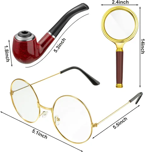 Vista 4 de 6 Pcs Detective Costume Accessories Set Detective Hat Magnifying Glass Bow Tie Fake Mustache Glasses