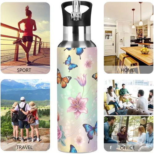 Vista 5 de BPA-Free Sports Water Bottle 20 Oz, Insulated Stainless Steel Water Bottle with Straw for Gym Outdoor Travel School, Colorful Butterflies