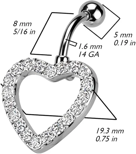 Vista 5 de Dynamique Anillo de ombligo de acero quirúrgico 316L pavimentado con gema de corazón (se vende por pieza)