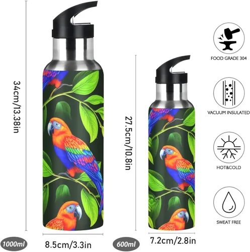 Vista 2 de Insulated Stainless Steel Water Bottle with Straw 20 Oz, BPA-Free Sports Water Bottle with Straw for Gym Outdoor Travel School, Vibrant Birds Green