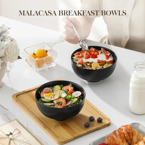 Vista 7 de MALACASA Juego de 6 cuencos de sopa de porcelana de 26 onzas, cuencos de cerámica negra para cocina, cuenco de cereales para avena, fruta, ensalada