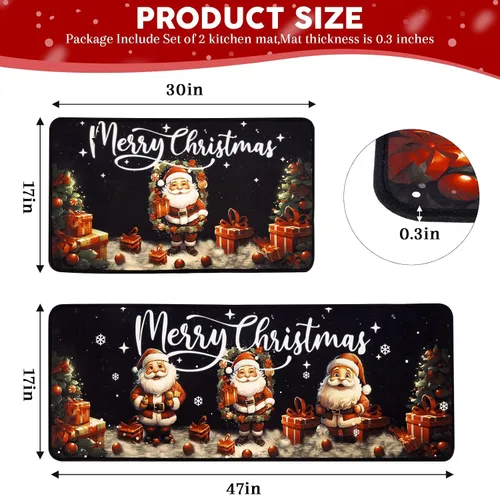Vista 2 de Voanos Juego de 2 alfombras de cocina de Feliz Navidad, con temática linda de Papá Noel y regalo, decoración navideña para el hogar, tapete lavable