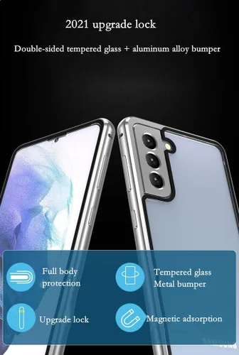 Vista 8 de Funda para Galaxy S21 con bloqueo de seguridad + adsorción magnética, vidrio templado de doble cara, a prueba de golpes, parachoques de aluminio Oro
