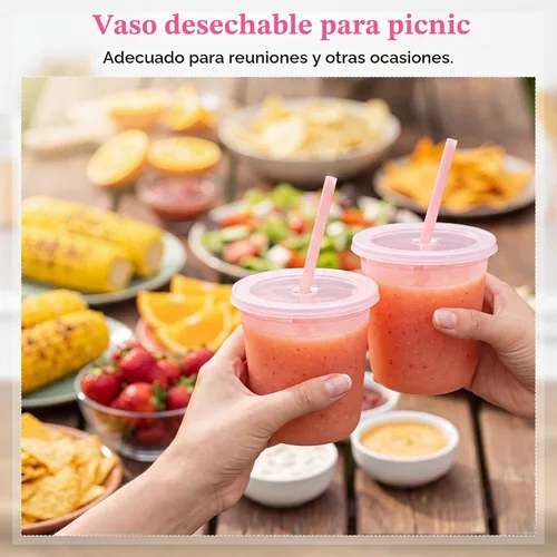 Vista 6 de Lounsweer 15 vasos transparentes reutilizables con tapas y pajitas, 12 Rosa