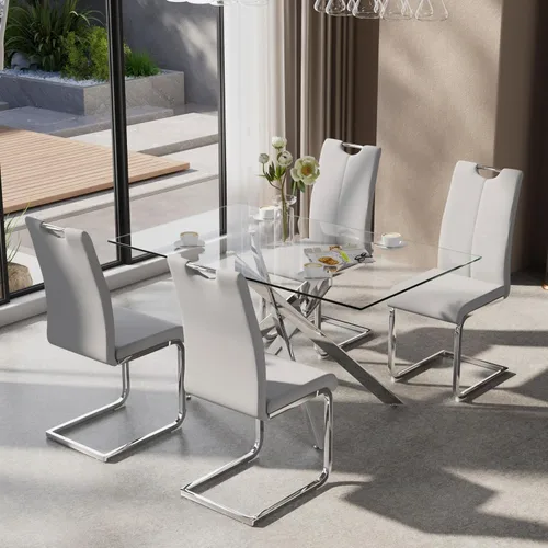 Vista 25 de Juego de mesa de comedor de 5 piezas para 4, mesa rectangular moderna de cristal con 4 sillas tapizadas de cuero, juegos de mesa y sillas de comedor