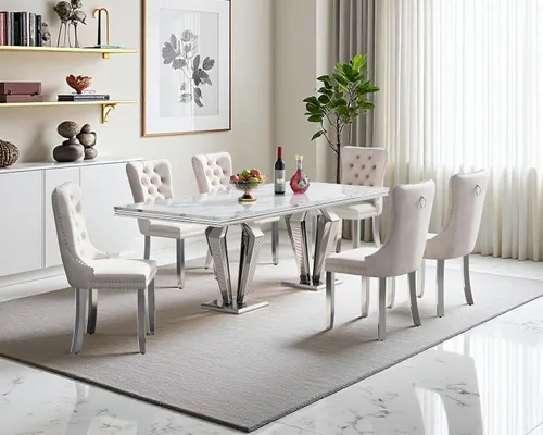 Vista 22 de Juego de mesa de comedor de mármol sintético, 7 piezas, juego de mesa de cocina y comedor para 6, mesa de comedor rectangular blanca de 70 pulgadas