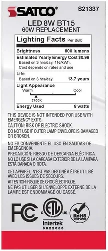 Vista 6 de Satco 6Pk 8w BT15 LED 2700K base media blanca regulable - 60w equiv