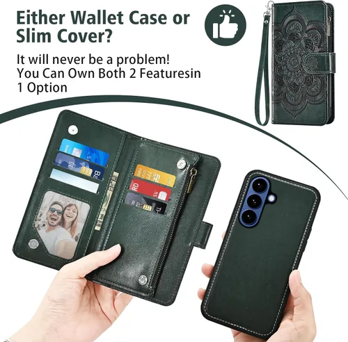 Vista 5 de Asuwish Funda de teléfono para Samsung Galaxy S26 5G con cremallera, magnética, desmontable, con protector de pantalla de vidrio templado, correa