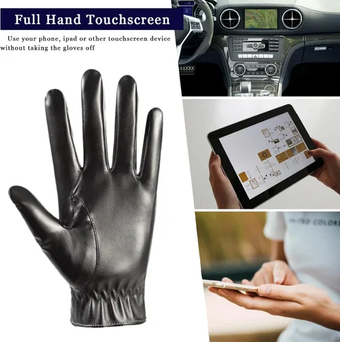 Vista 4 de Long Keeper Guantes de cuero de invierno para hombre, color negro, cálido, ciclismo, conducción, motocicleta, pantalla táctil, guantes de mensajes