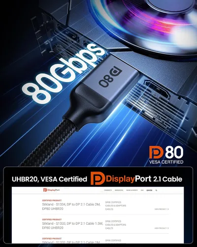 Vista 3 de Silkland Cable DisplayPort 2.1 corto de 80 Gbps de 1.6 pies [certificado VESA], [8K@240Hz, 4K@540Hz 360Hz 240Hz] Cable DP 2.1 16K, Cable DisplayPort