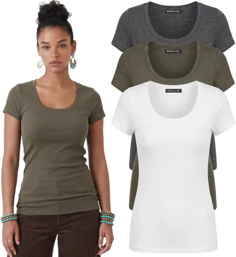 Vista 34 de Emmalise - Camiseta de manga corta para mujer, cuello redondo, estilo básico, pack de valor, tallas junior y grandes