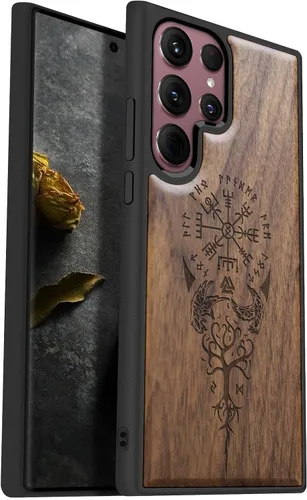 Vista 9 de Carveit Funda para Galaxy S22 Ultra de madera compatible con S22 Ultra Viking Compass Vegvisir-Rosy Madera real dura, TPU suave, funda protectora