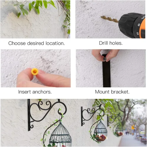 Vista 3 de Lewondr Soporte para plantas para colgar en la pared, paquete de 2 ganchos retro de hierro Shepard de 12 pulgadas para comedero de pájaros y flores
