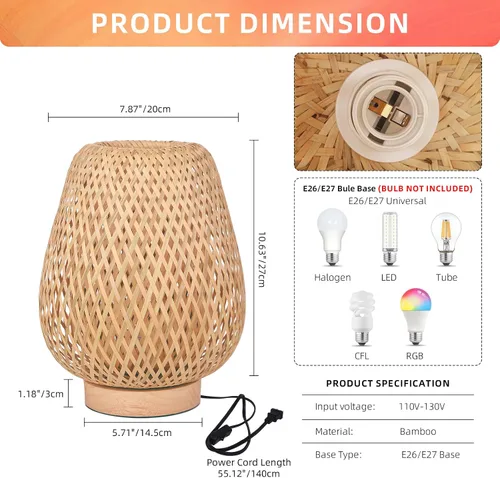 Vista 5 de Lámpara de mesa de tejido de bambú con base de madera natural hecha a mano, luz nocturna de noche para dormitorio, lámpara de escritorio retro, luz