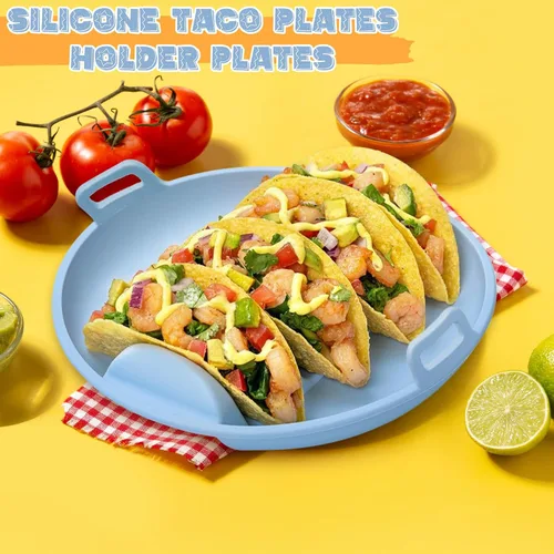 Vista 5 de Platos de silicona para tacos, juego de 3 bandejas reutilizables para servir tacos con 4 divisores, apto para lavavajillas y microondas, soporte