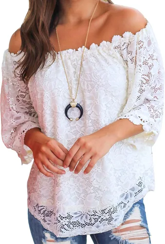Vista 4 de Miholl - Blusa suelta casual, con encaje y hombros descubiertos.