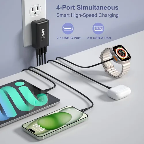 Vista 3 de Bloque de cargador plano USB C, enchufe de pared de carga rápida OKRAY 40W 4 puertos tipo C PD3.0&QC3.0 Multiport Charger Slim Travel Power