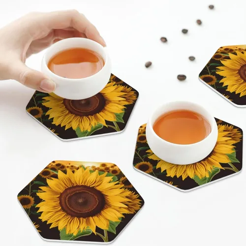 Vista 8 de Hermoso juego de 4 posavasos de cuero con estampado de girasol, impermeables, antiquemaduras, para sala de estar, mesa de café de 4 pulgadas Hexágono