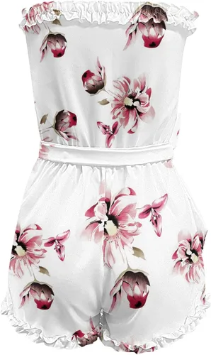 Vista 5 de SNKSDGM Overol casual de verano 2023 para mujer, con volantes, hombros descubiertos, cintura elástica, pantalones cortos, overoles con bolsillos