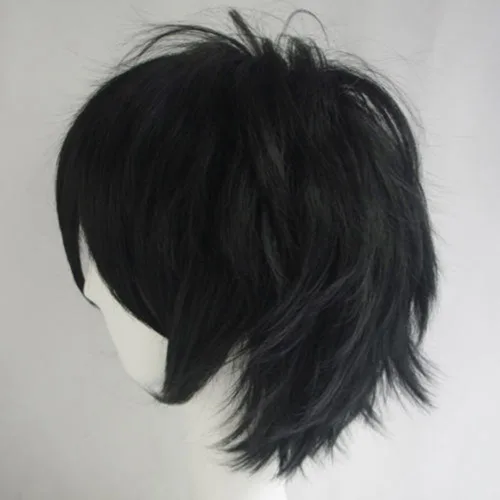 Vista 3 de Peluca de pelo completo unisex suave abultada lisa para cosplay, disfraz de anime, Negro