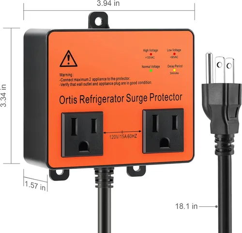 Vista 6 de Protector de sobretensiones para refrigerador, Ortis Protector de voltaje de doble salida para electrodomésticos con retraso de tiempo, protege